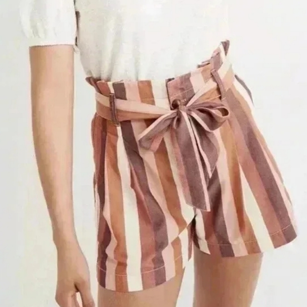 Madewell Blush tan Ivory viscose cotton linen striped paper bag waist shorts 4 - Picture 8 of 8